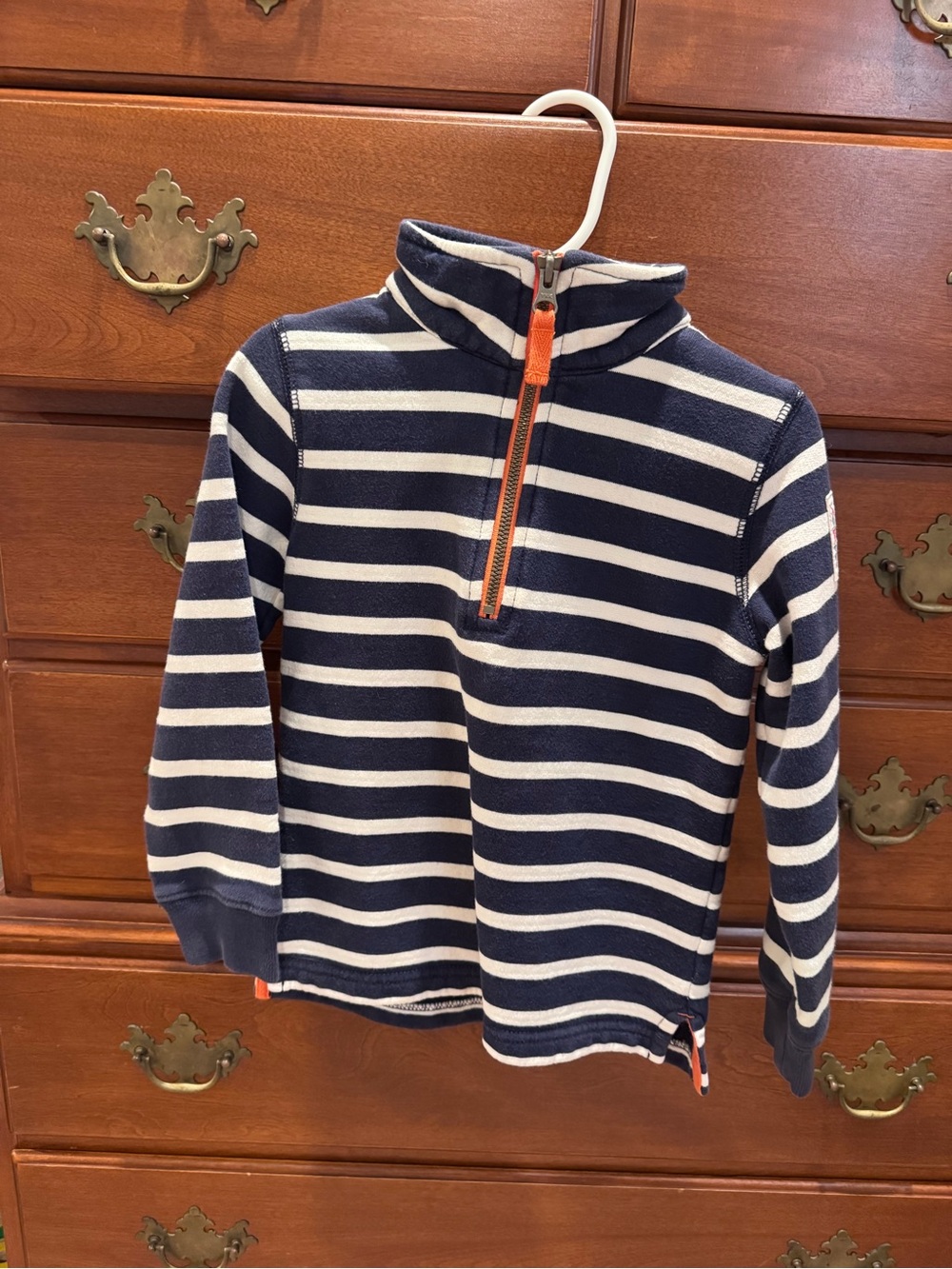 Mini Boden Navy & White Striped Quarter-Zip Hoodie with Orange Trim size 3T